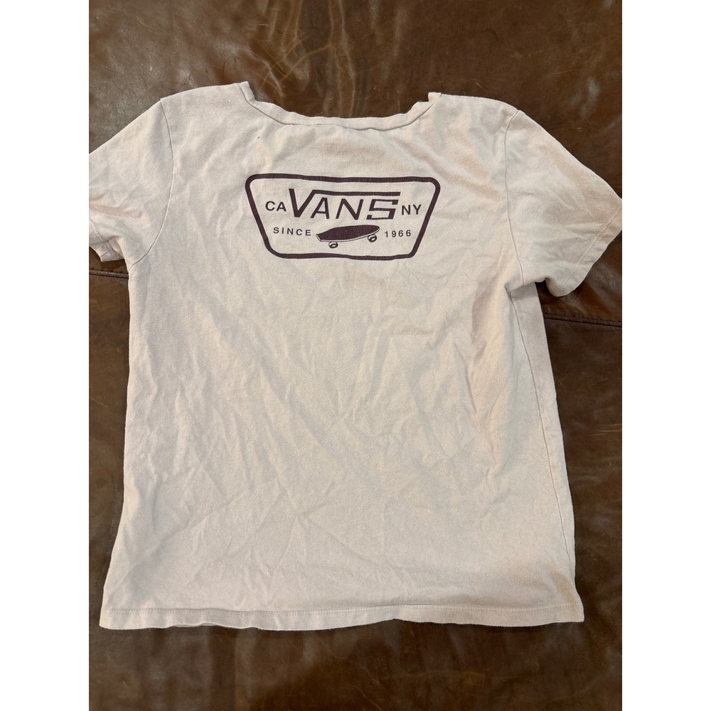 Vans Womens Large Tan Graphic T-Shirt Short Sleeve Skateboard Logo CA NY Tee